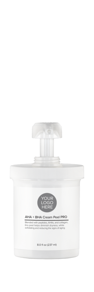 Backbar size (8 oz.) pure white pump jar of AHA + BHA Cream Peel PRO.