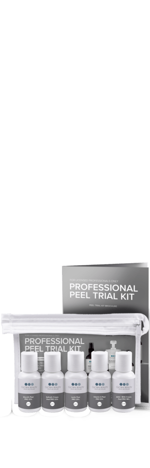 Professional Peel Trial kit with 1 oz bottles, bag and brochure on a transparent background