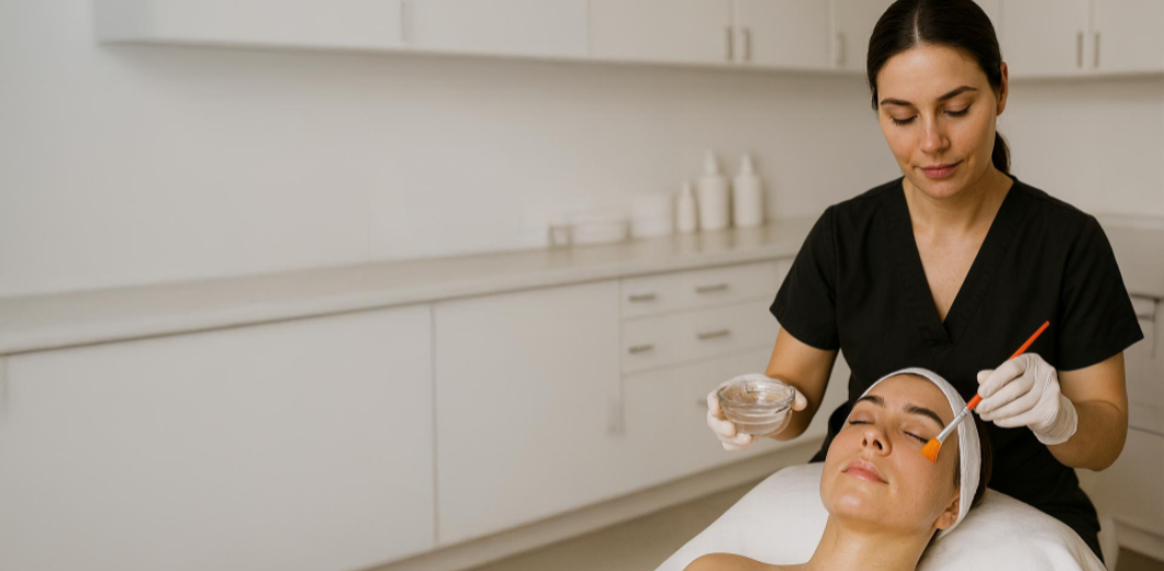 Skincare professional performing chemical peel on client in treatment room.